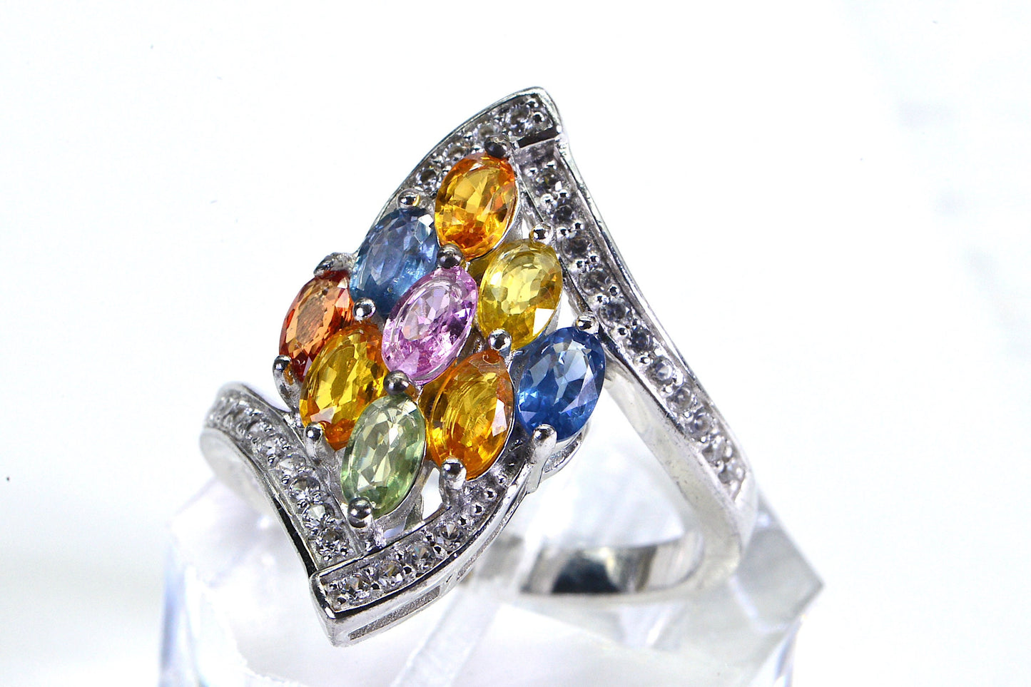 Multi Color Sapphire Ring: Sterling Silver Marquise Statement Ring