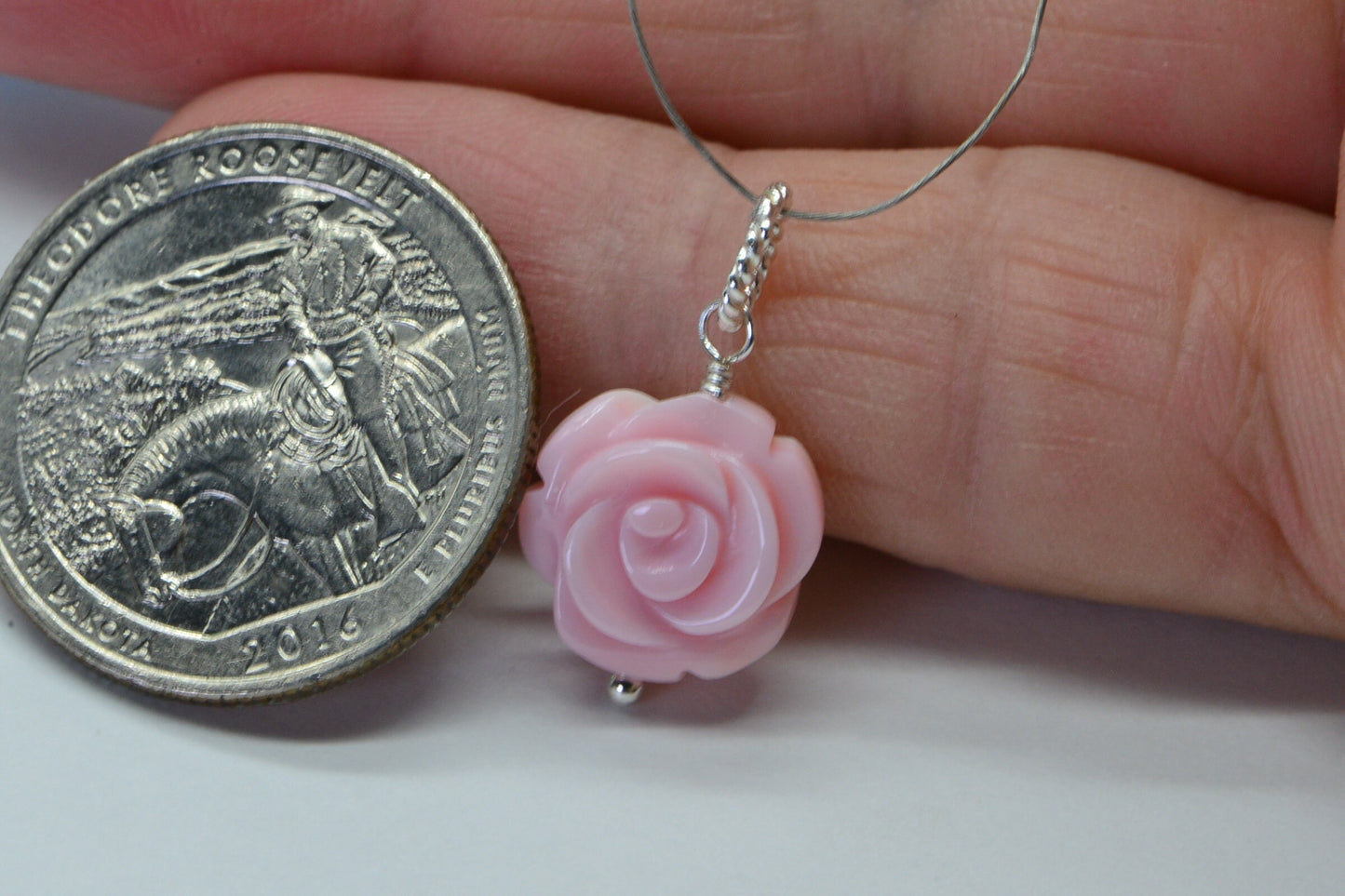 Queen Conch Pink Rose Pendant: Carved Flower, Sterling Silver