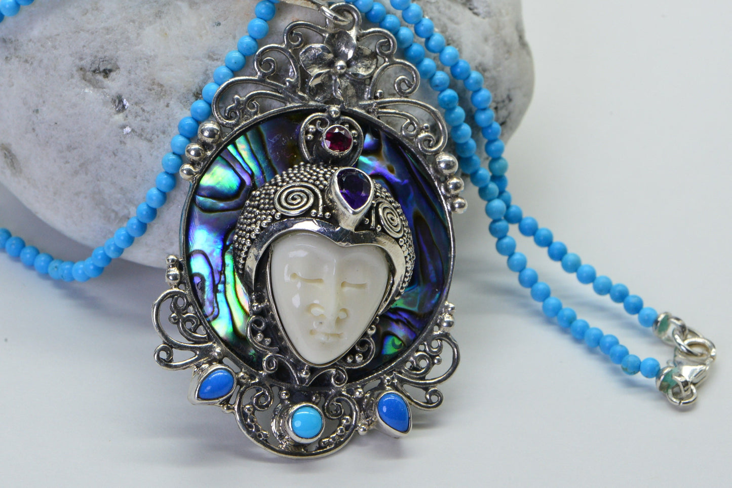 Sterling Silver Moon Face Cameo Necklace: Abalone, Turquoise, Sleeping Beauty Beads