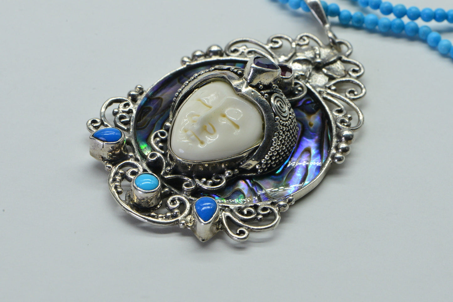 Sterling Silver Moon Face Cameo Necklace: Abalone, Turquoise, Sleeping Beauty Beads