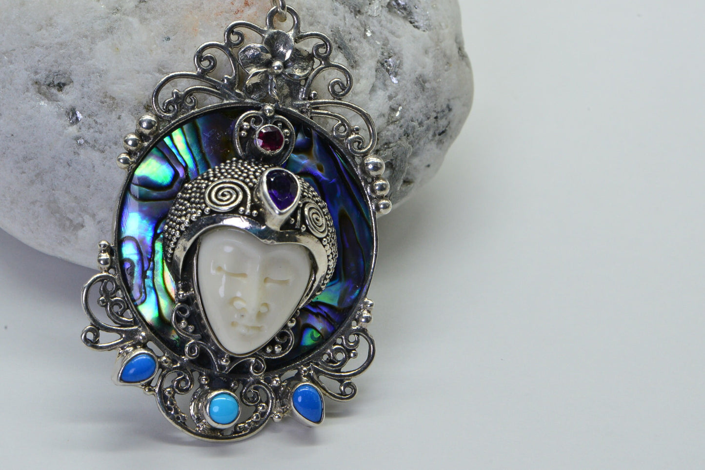 Sterling Silver Moon Face Cameo Necklace: Abalone, Turquoise, Sleeping Beauty Beads