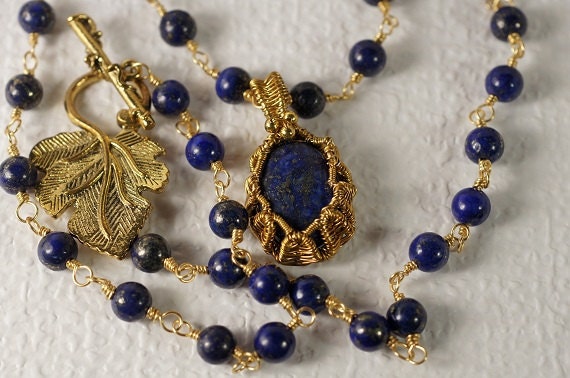 Wire Wrapped Lapis Lazuli Pendant Necklace, Gold Plated, 24 inch