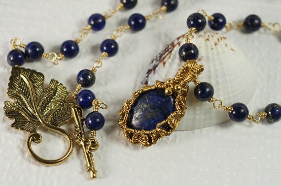Wire Wrapped Lapis Lazuli Pendant Necklace, Gold Plated, 24 inch