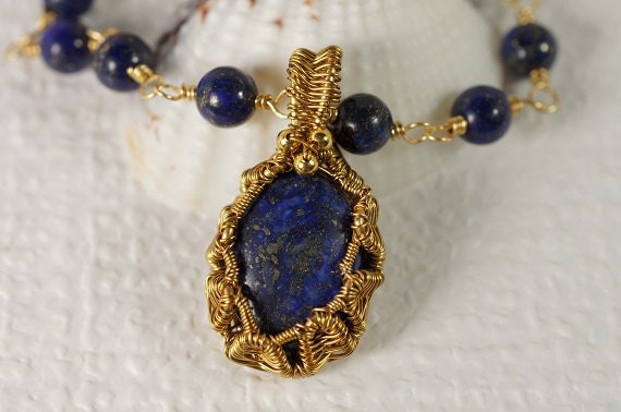 Wire Wrapped Lapis Lazuli Pendant Necklace, Gold Plated, 24 inch