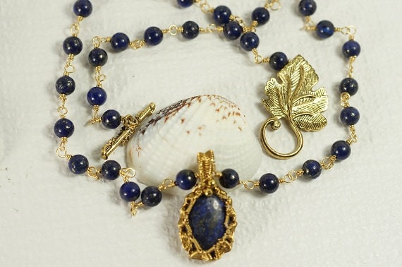 Wire Wrapped Lapis Lazuli Pendant Necklace, Gold Plated, 24 inch