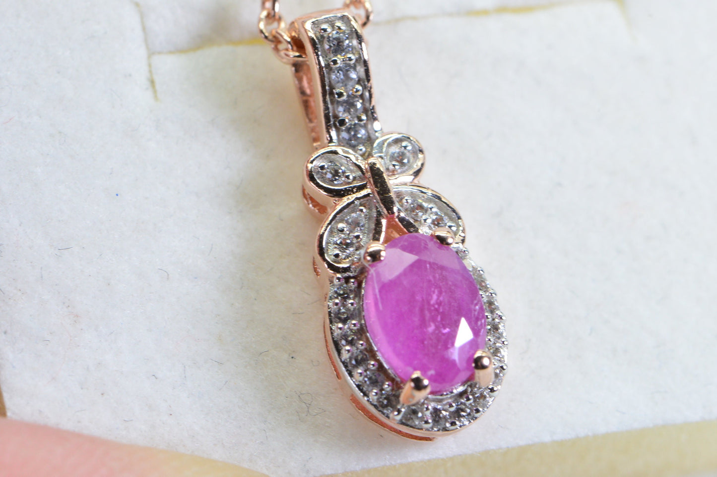 Pink Sapphire Diamond Halo Pendant: Rose Gold Sterling Silver Butterfly Necklace