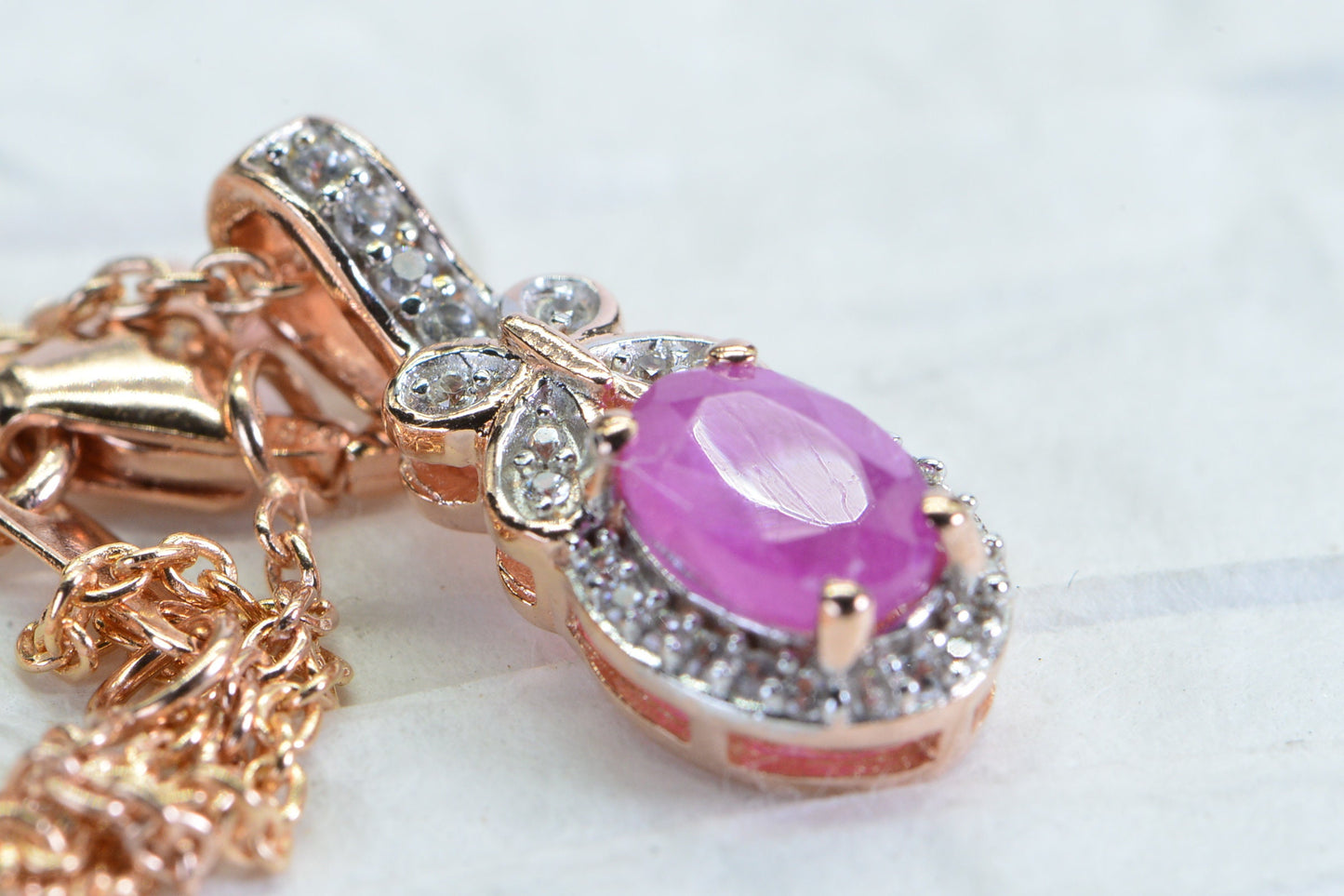 Pink Sapphire Diamond Halo Pendant: Rose Gold Sterling Silver Butterfly Necklace