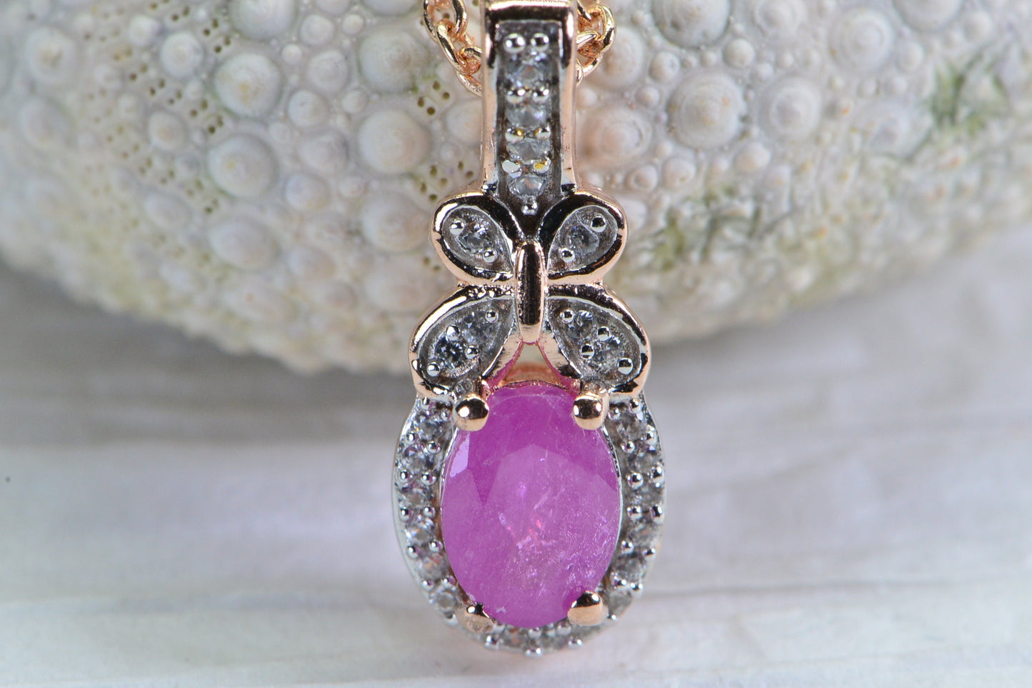 Pink Sapphire Diamond Halo Pendant: Rose Gold Sterling Silver Butterfly Necklace