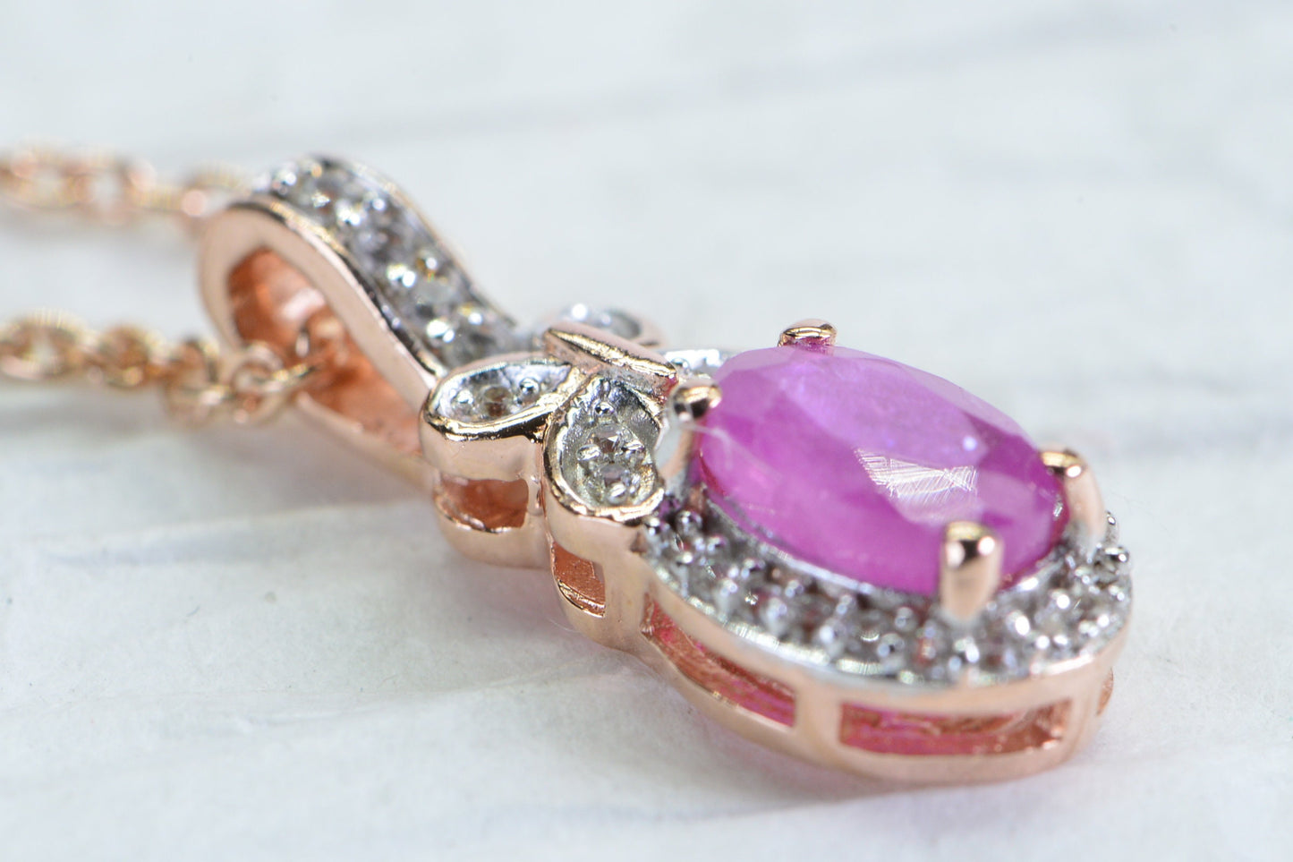 Pink Sapphire Diamond Halo Pendant: Rose Gold Sterling Silver Butterfly Necklace