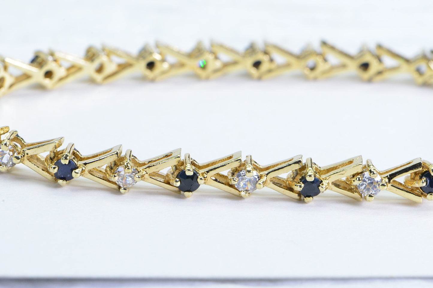 Sapphire and CZ Tennis Bracelet: 14K Gold Over Sterling Silver, 7.5 Inch