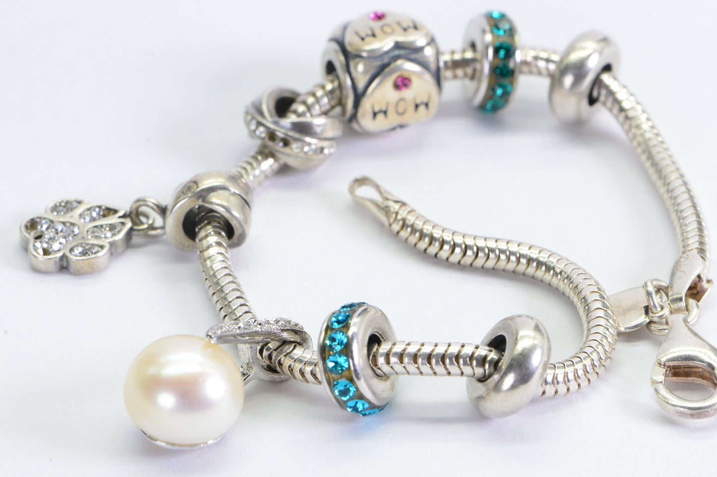 Sterling Silver Charm Bracelet: Pearl, Rhinestone 'Mom' Bead