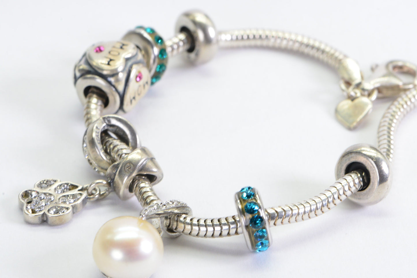 Sterling Silver Charm Bracelet: Pearl, Rhinestone 'Mom' Bead
