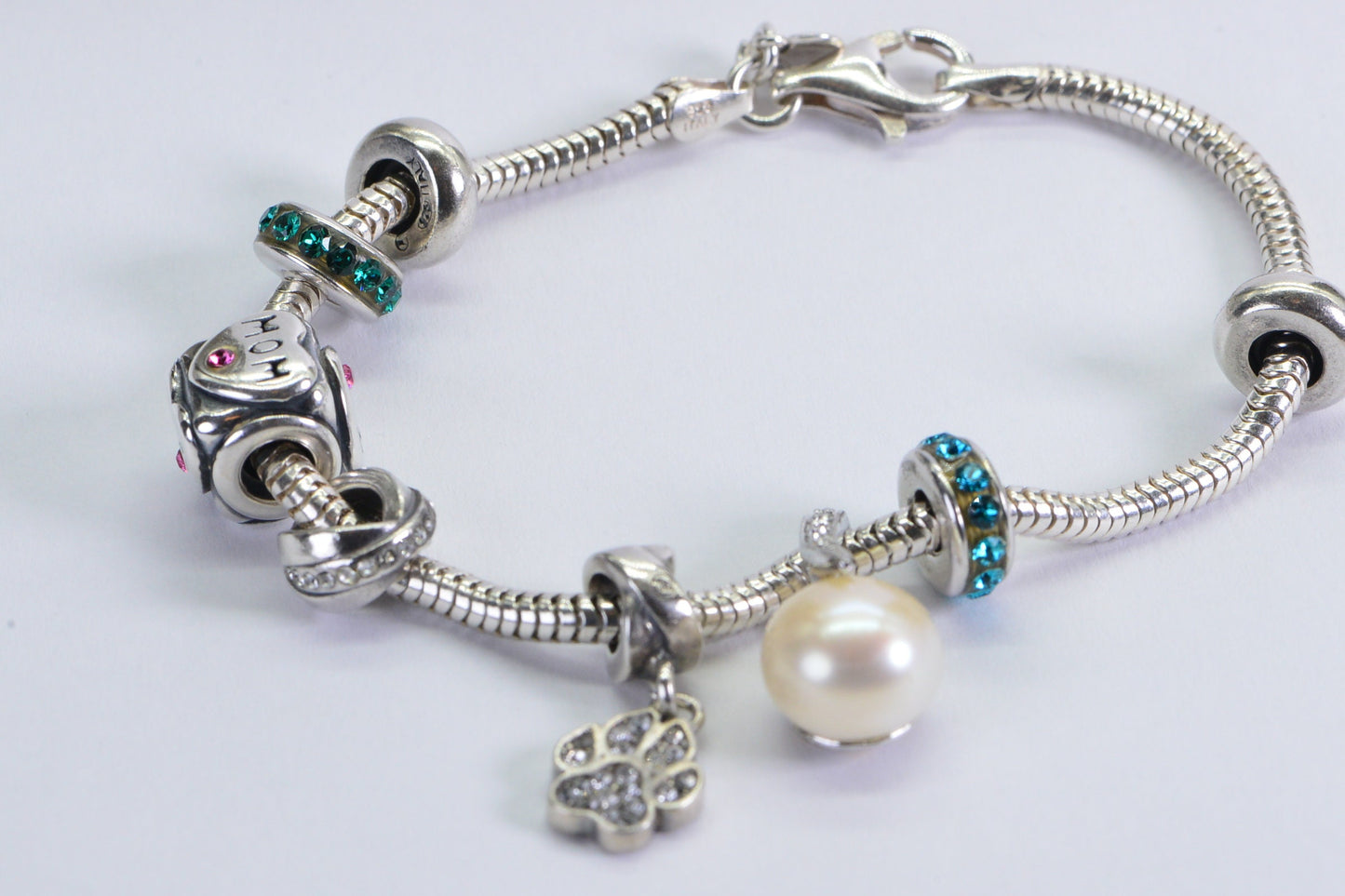 Sterling Silver Charm Bracelet: Pearl, Rhinestone 'Mom' Bead