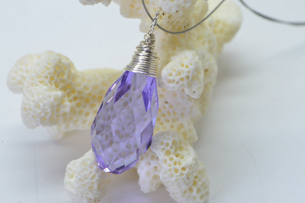 Lavender Large Briolette Wire Wrapped Silver Purple Crystal Teardrop Add Charm Light Amethyst