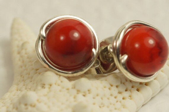 Red Coral Stud Earrings Natural Stone Earrings