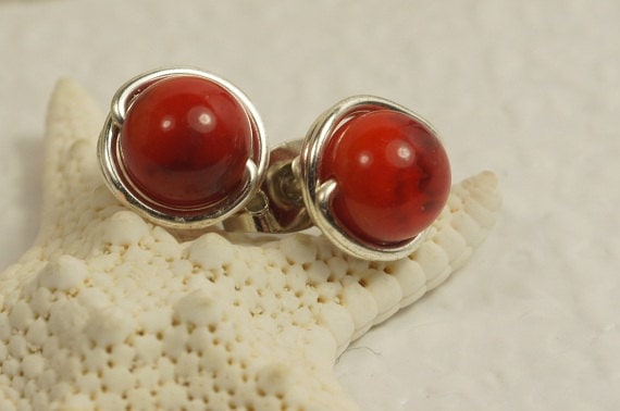 Red Coral Stud Earrings Natural Stone Earrings
