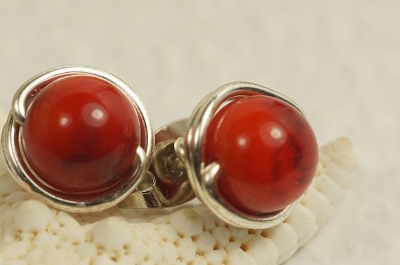 Red Coral Stud Earrings Natural Stone Earrings