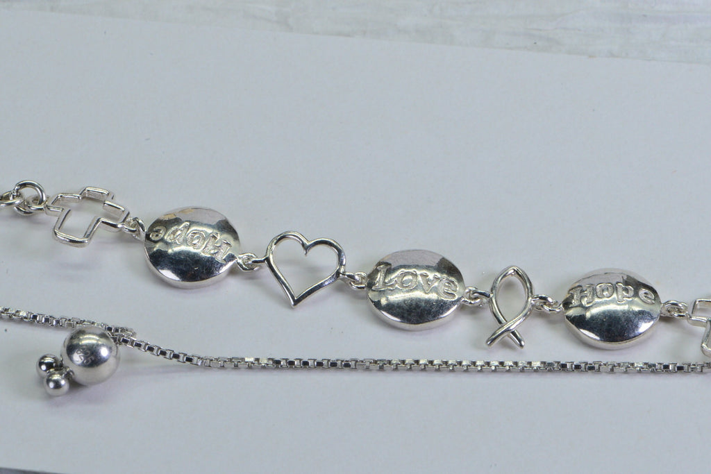 Sterling Silver Cross Bracelet: Hope Love Message Bolo Bracelet