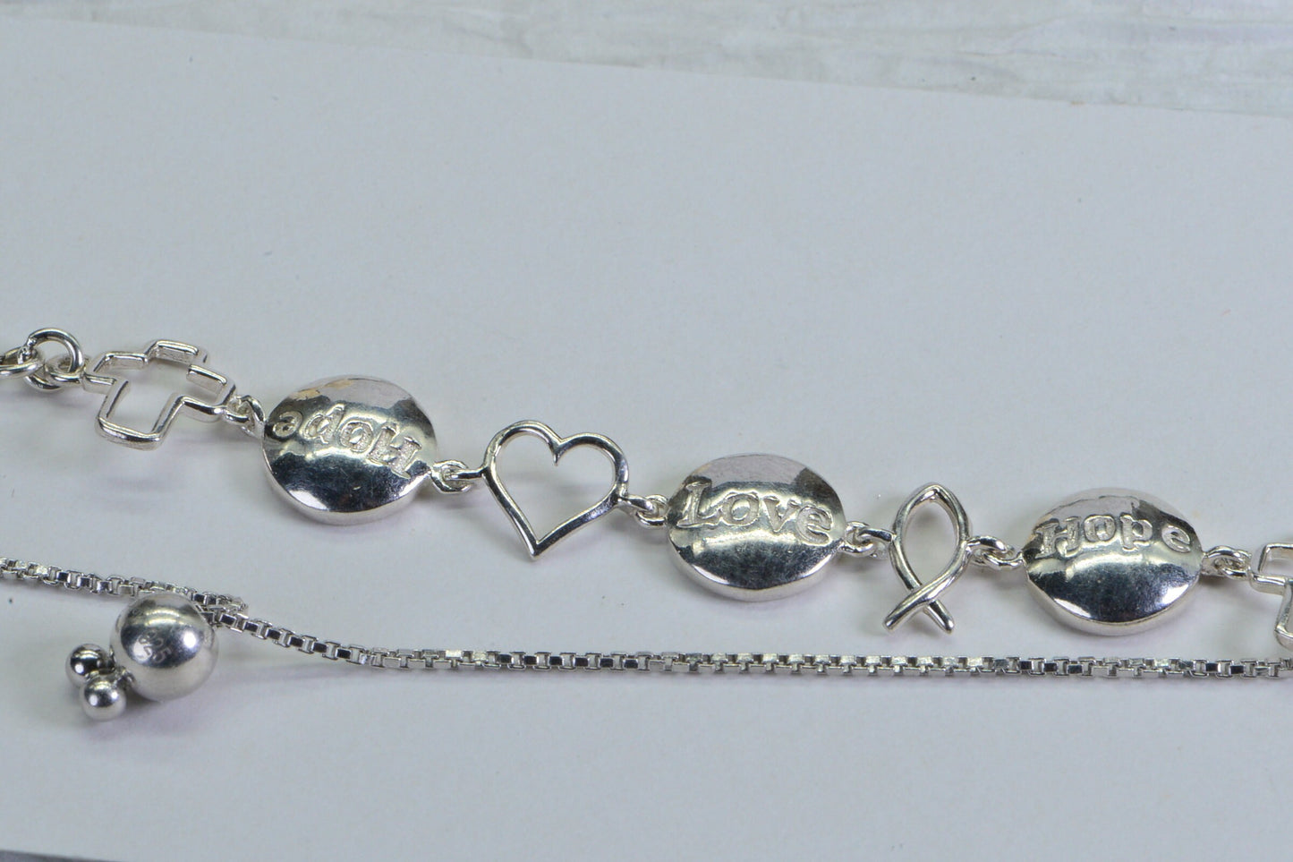 Sterling Silver Cross Bracelet: Hope Love Message Bolo Bracelet