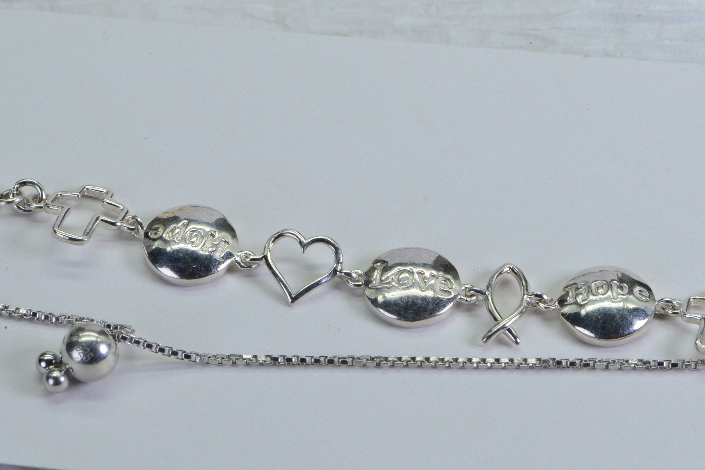 Sterling Silver Cross Bracelet: Hope Love Message Bolo Bracelet