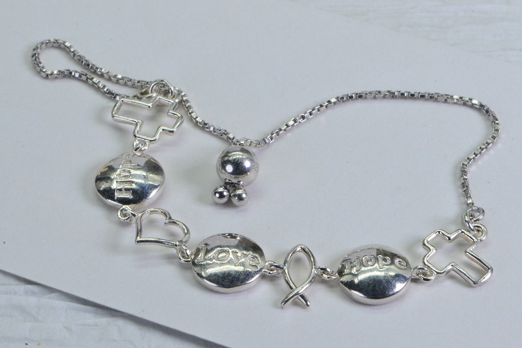 Sterling Silver Cross Bracelet: Hope Love Message Bolo Bracelet