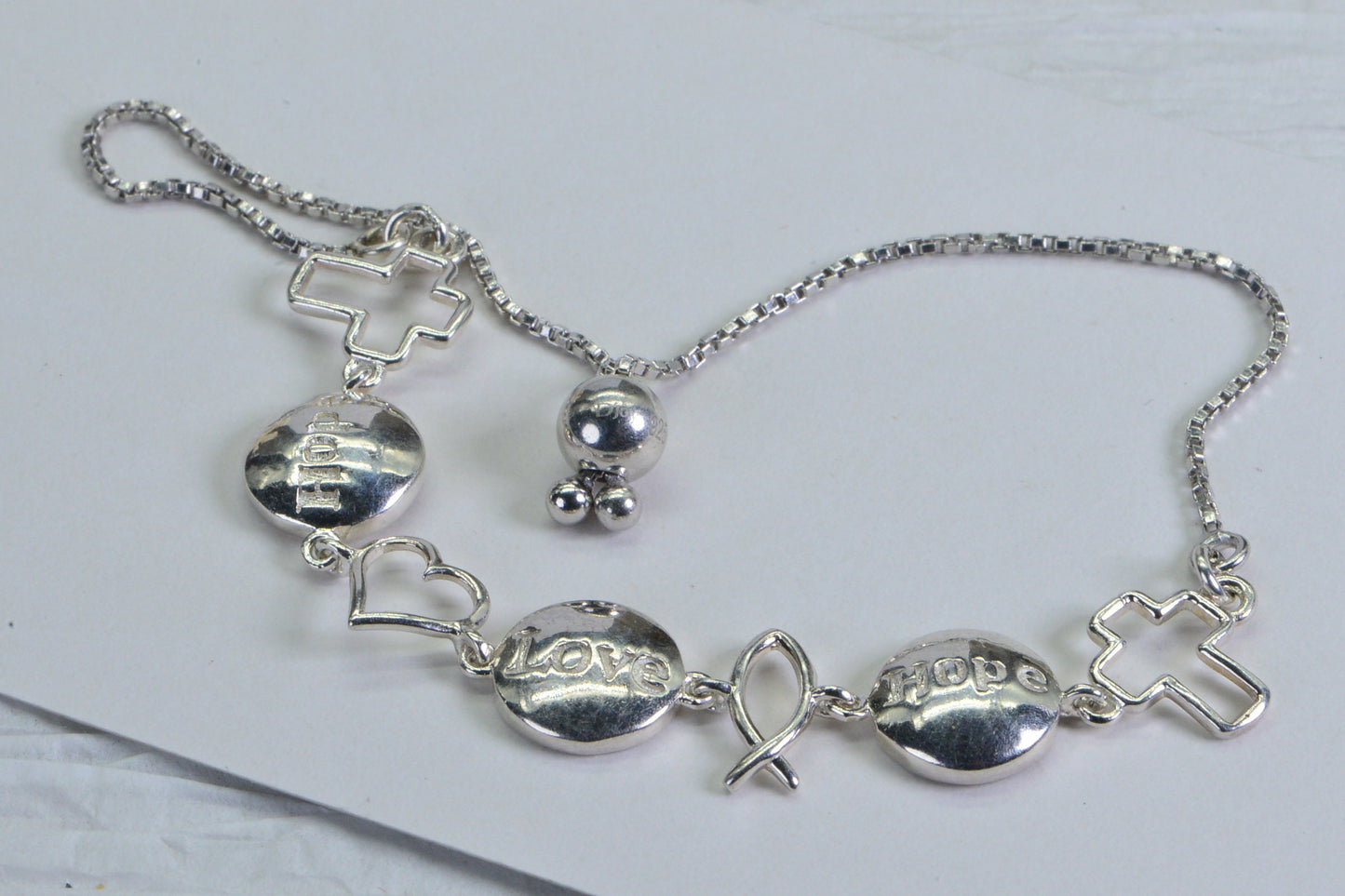 Sterling Silver Cross Bracelet: Hope Love Message Bolo Bracelet