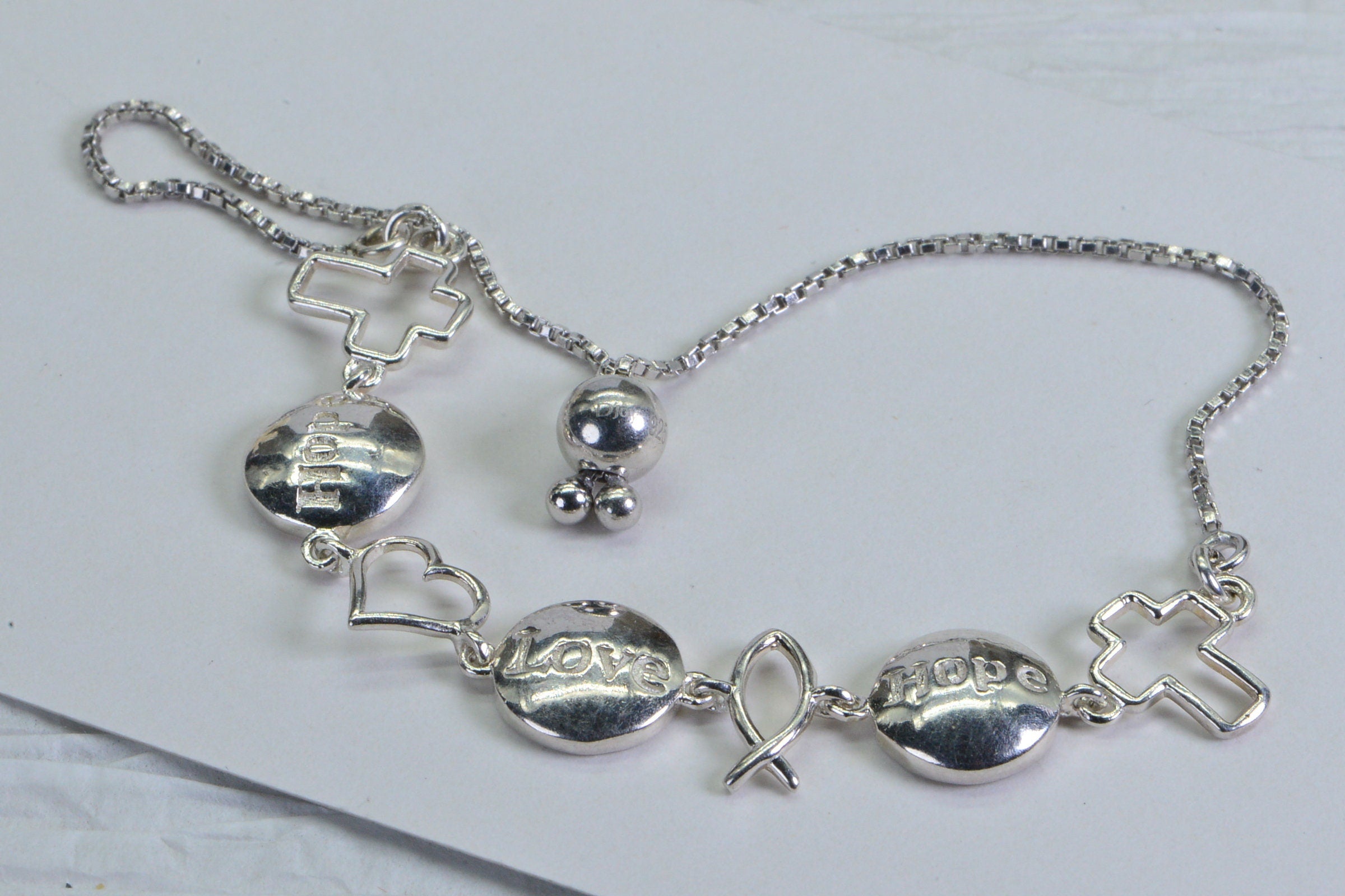 Sterling Silver Cross Bracelet: Hope Love Message Bolo Bracelet