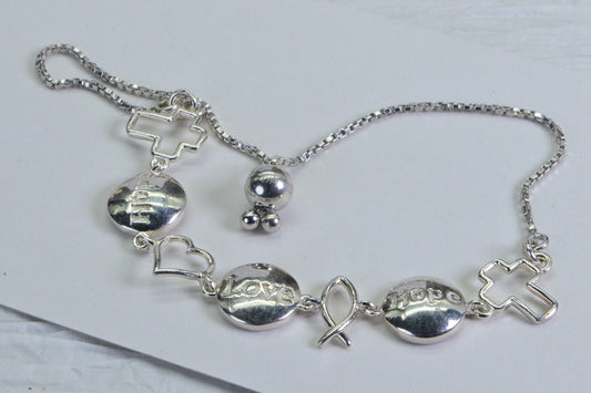 Sterling Silver Cross Bracelet: Hope Love Message Bolo Bracelet