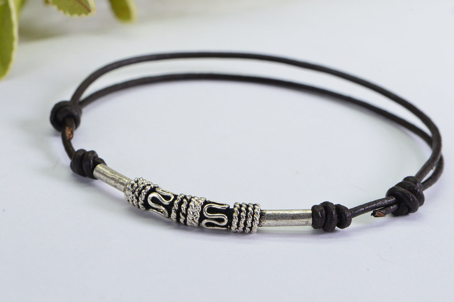 Sterling Silver Tube Bead Bracelet: Brown Leather Cord Sliding Knot