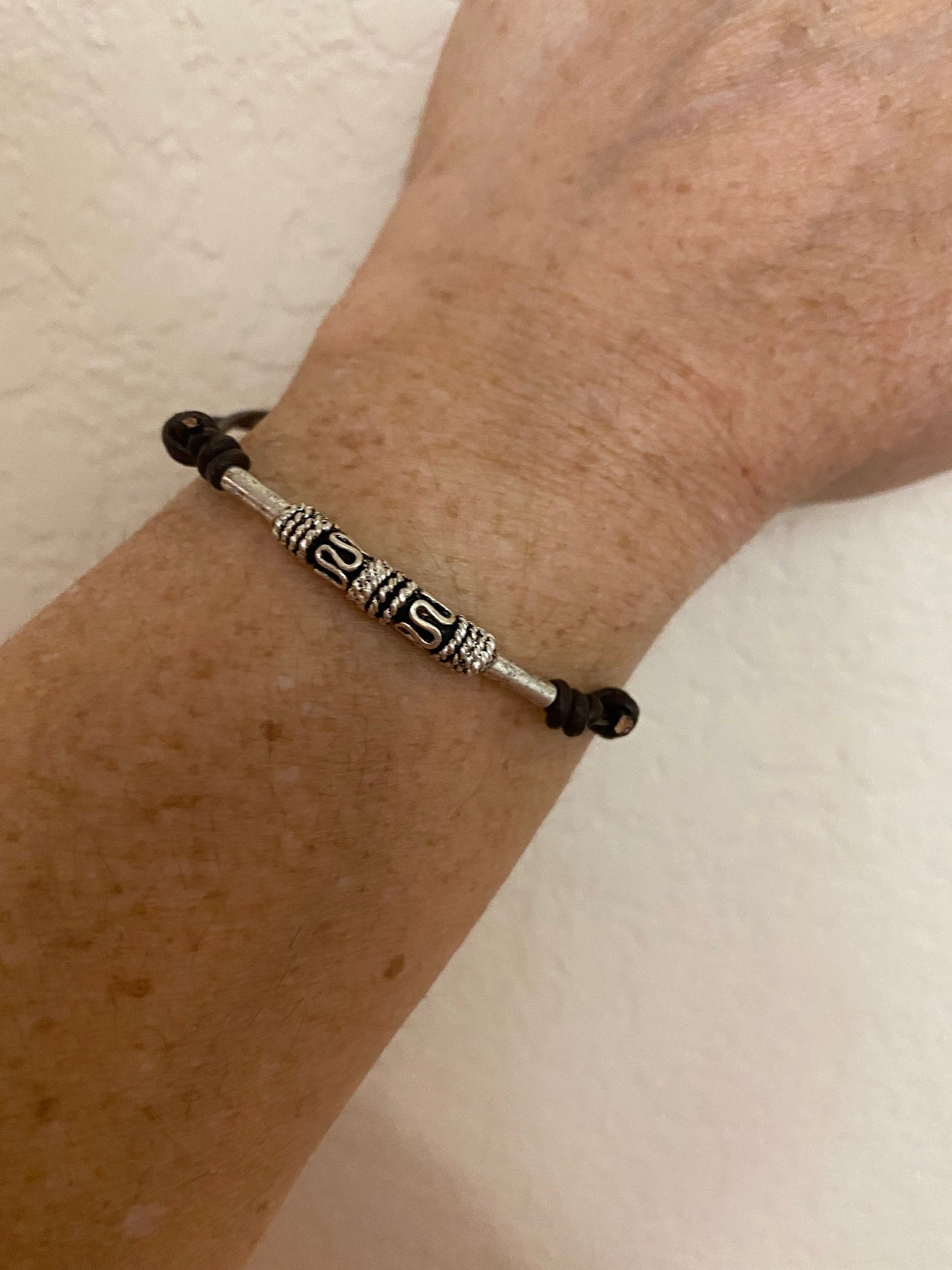 Sterling Silver Tube Bead Bracelet: Brown Leather Cord Sliding Knot