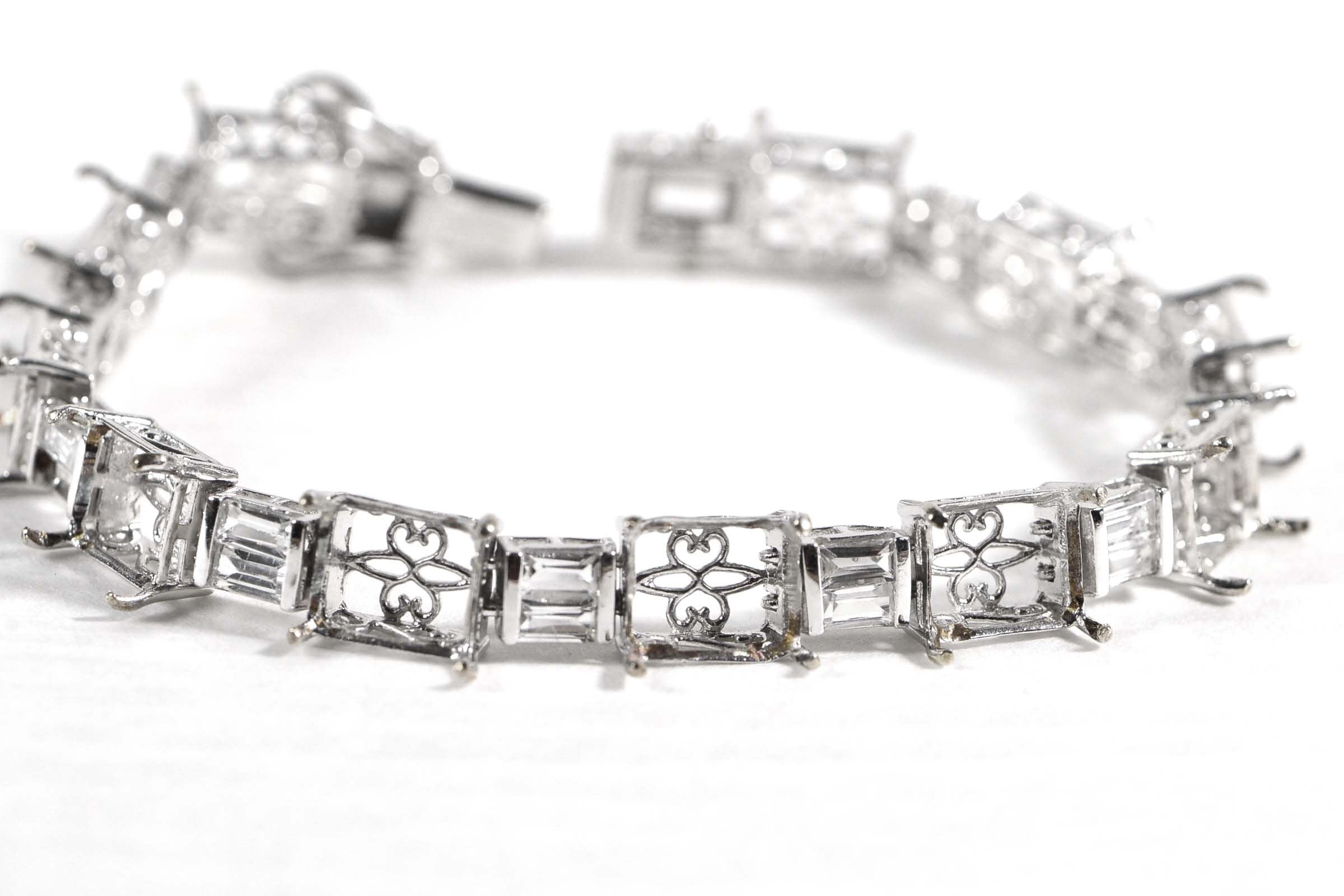 Sterling Silver CZ Baguette Link Bracelet: 8x10mm Emerald Setting