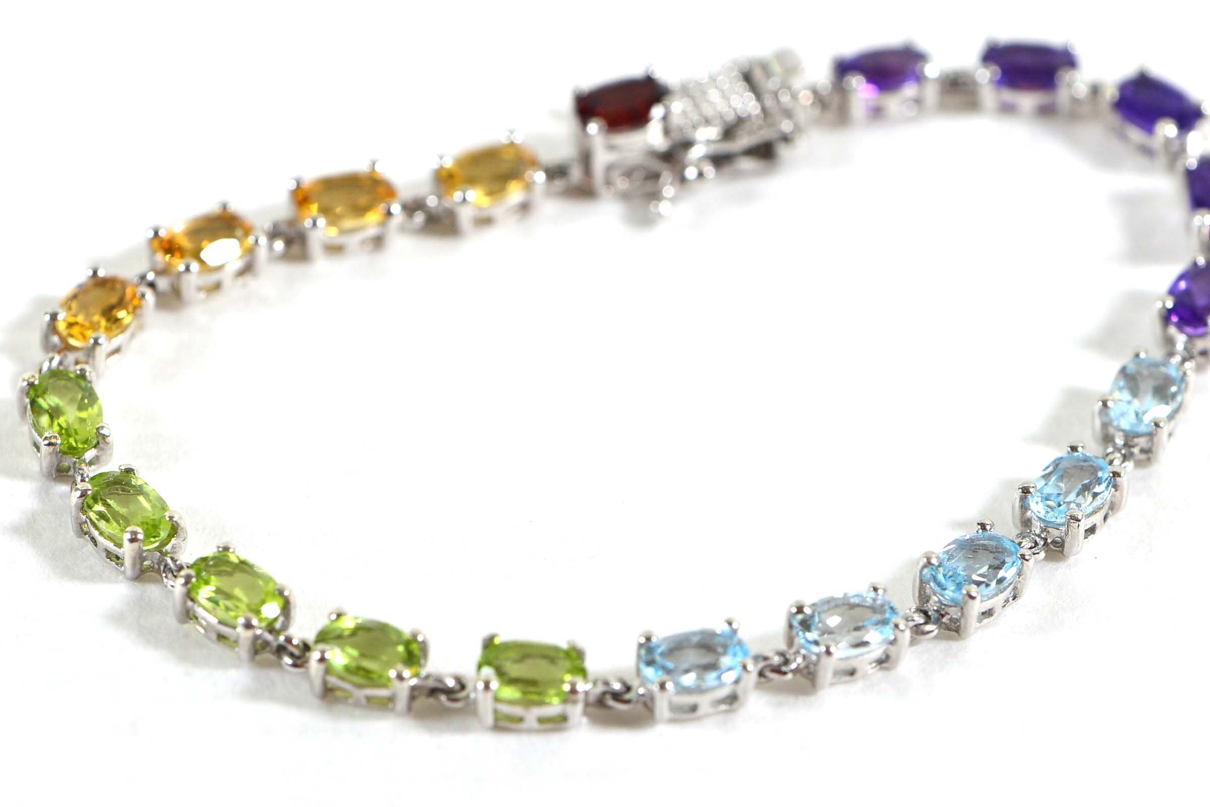 Multi Gemstone Tennis Bracelet: Garnet, Topaz, Peridot, Citrine, Amethyst, Sterling Silver