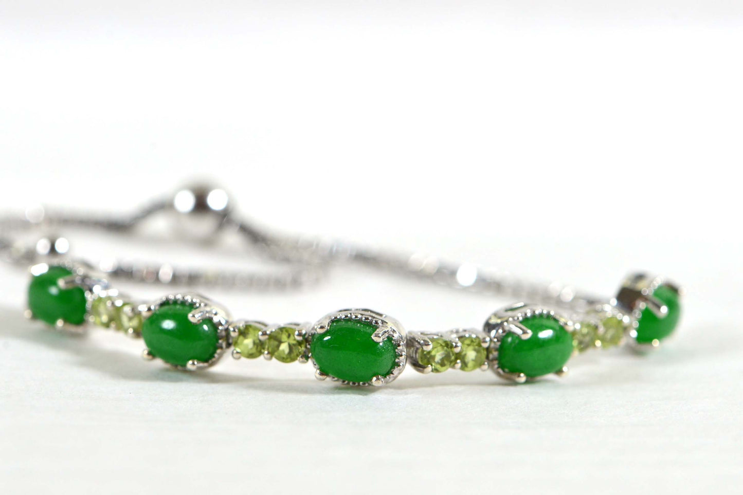 Apple Green Jade Peridot Bracelet: Sterling Silver Adjustable Bolo Style
