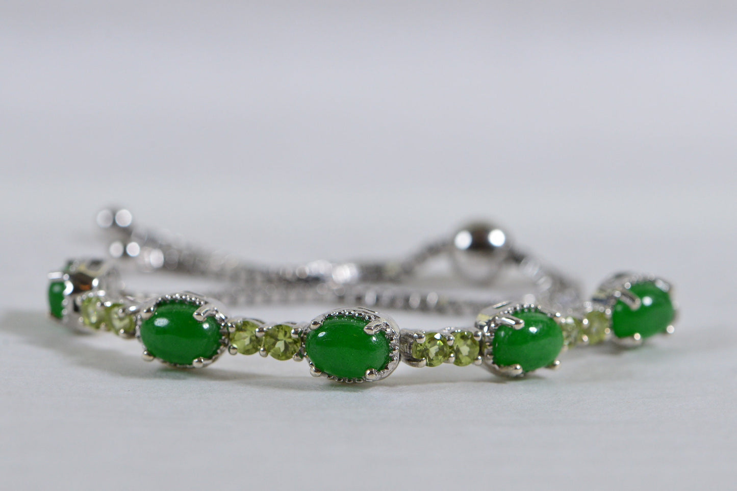 Apple Green Jade Peridot Bracelet: Sterling Silver Adjustable Bolo Style