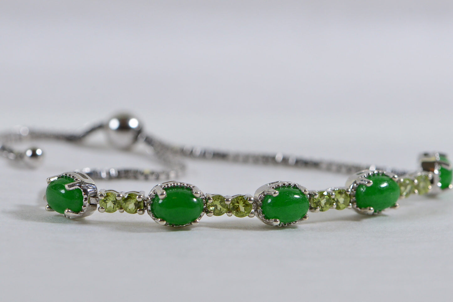 Apple Green Jade Peridot Bracelet: Sterling Silver Adjustable Bolo Style