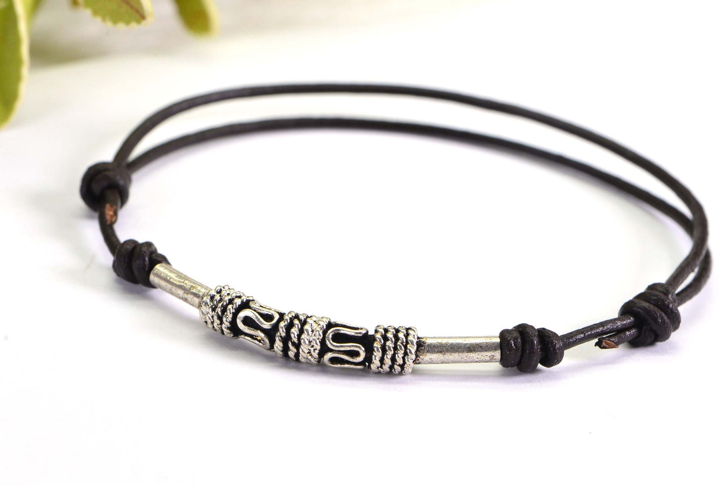 Sterling Silver Tube Bead Bracelet: Brown Leather Cord Sliding Knot