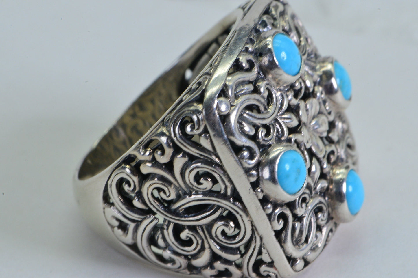 Carved Sterling Silver Turquoise Ring - Size 7