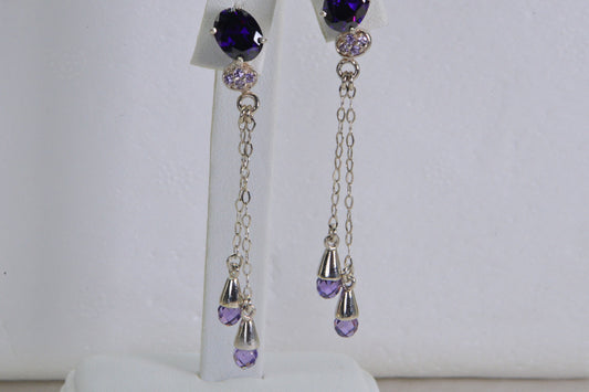 Amethyst Drop Earrings: Sterling Silver Chain Studs, February Birthstone