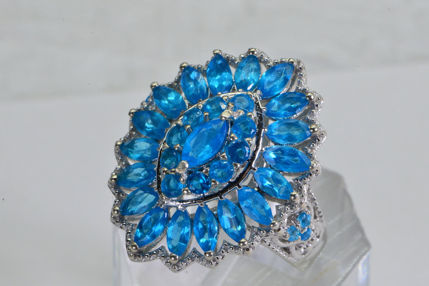 Marquise Blue Apatite Ring: Sterling Silver Double Halo Statement Ring