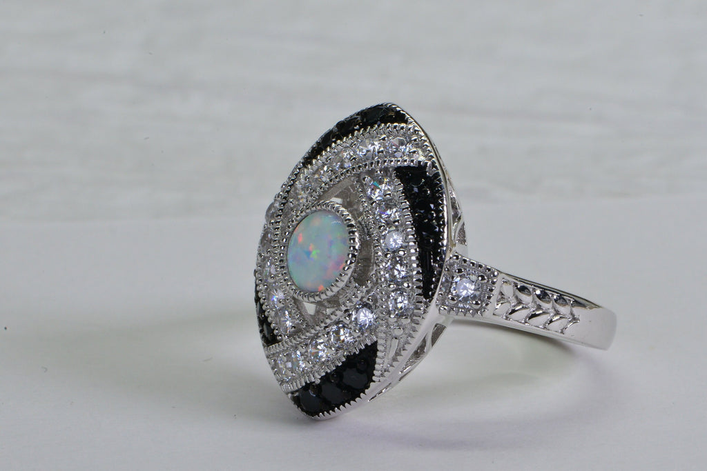Sterling Silver Lab Opal Ring: Black & White Simulated Diamond Statement Ring