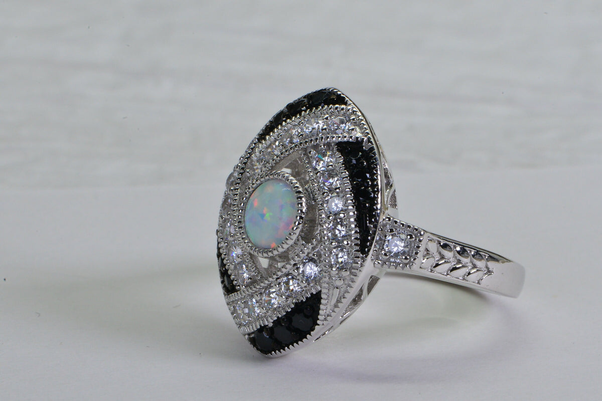 Sterling Silver Lab Opal Ring: Black & White Simulated Diamond Statement Ring