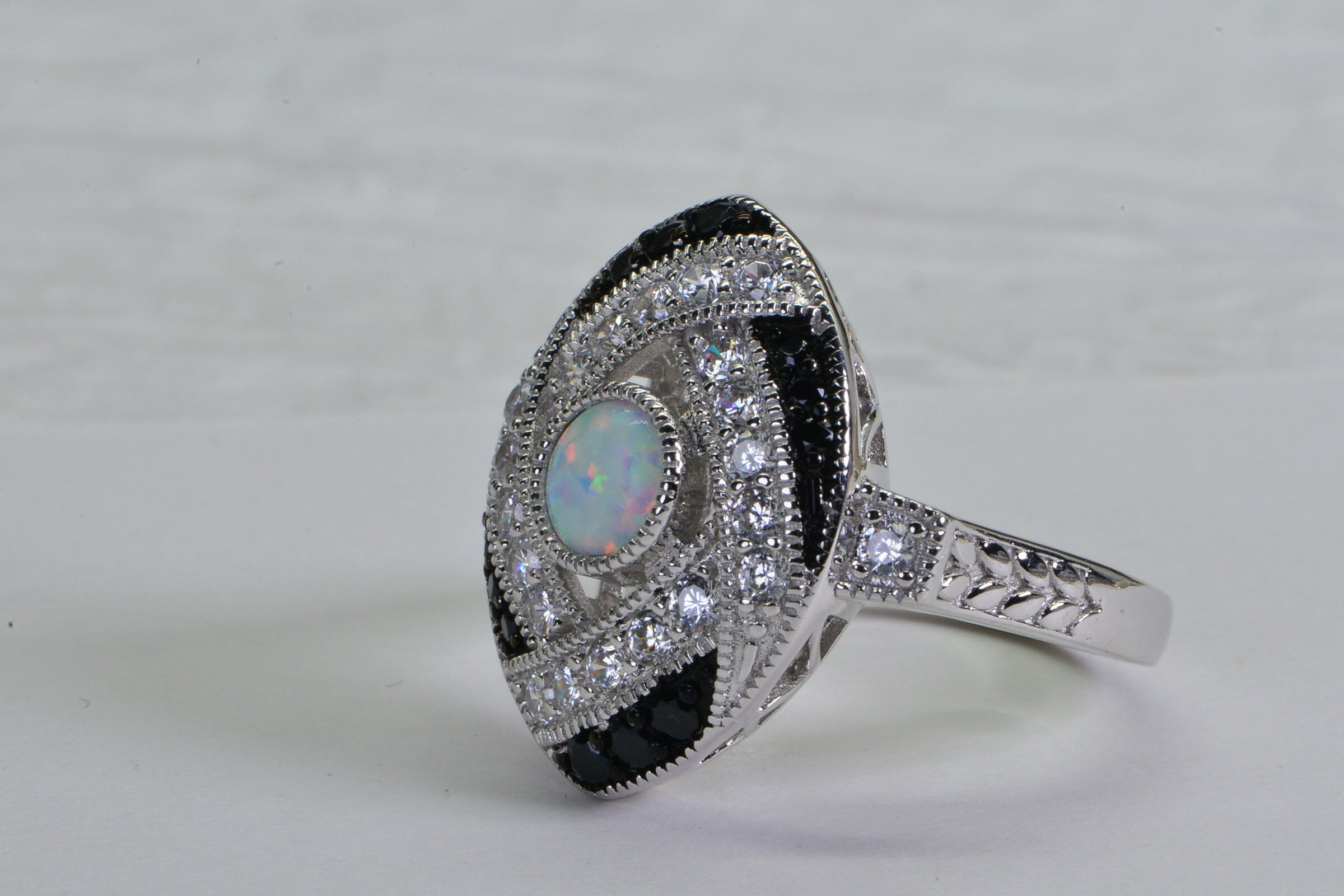 Sterling Silver Lab Opal Ring: Black & White Simulated Diamond Statement Ring