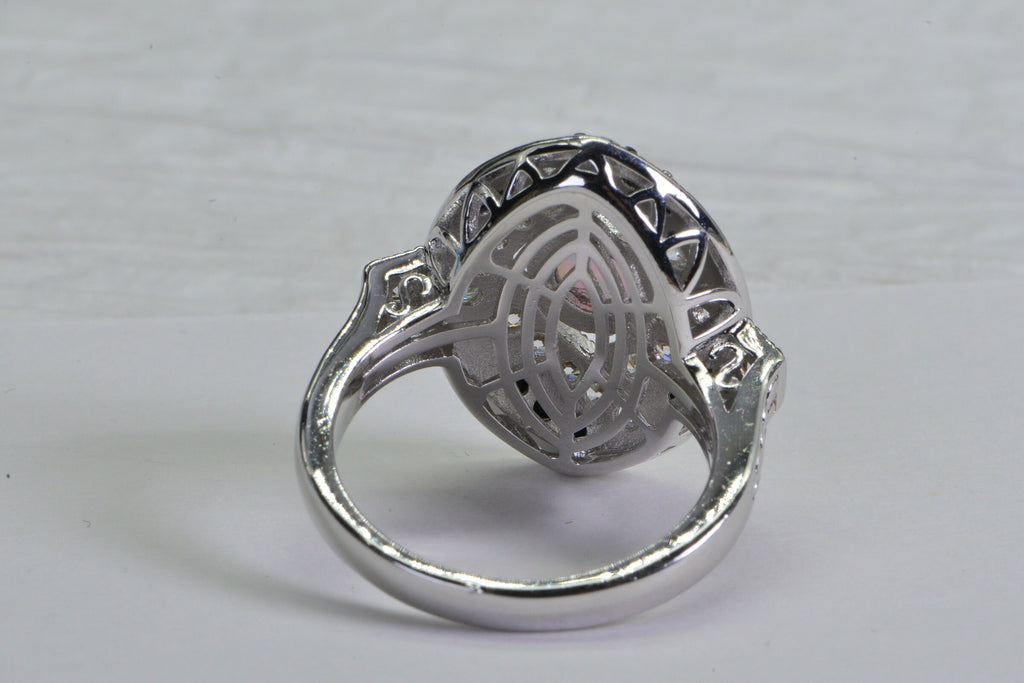 Sterling Silver Lab Opal Ring: Black & White Simulated Diamond Statement Ring