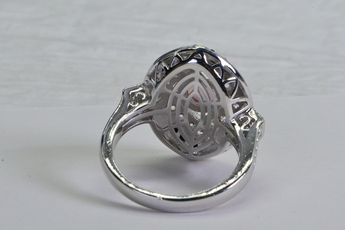 Sterling Silver Lab Opal Ring: Black & White Simulated Diamond Statement Ring