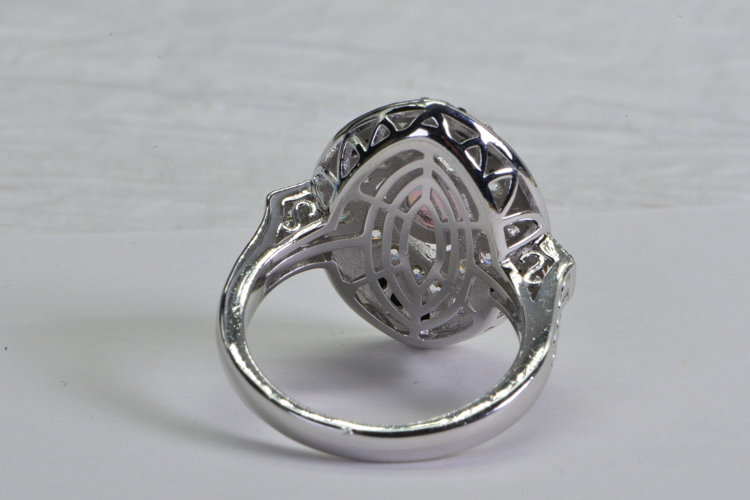 Sterling Silver Lab Opal Ring: Black & White Simulated Diamond Statement Ring
