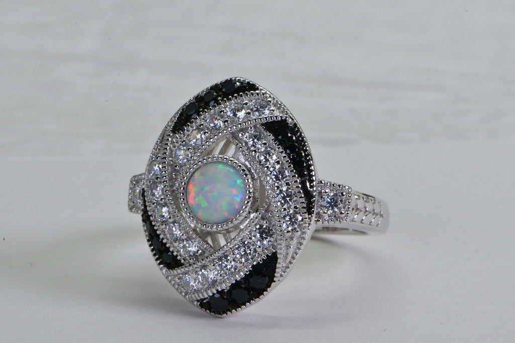 Sterling Silver Lab Opal Ring: Black & White Simulated Diamond Statement Ring