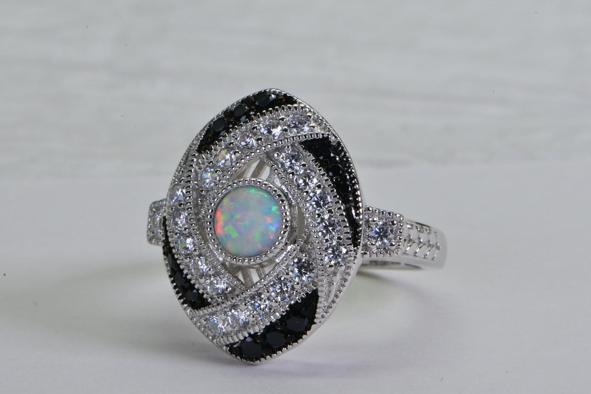 Sterling Silver Lab Opal Ring: Black & White Simulated Diamond Statement Ring