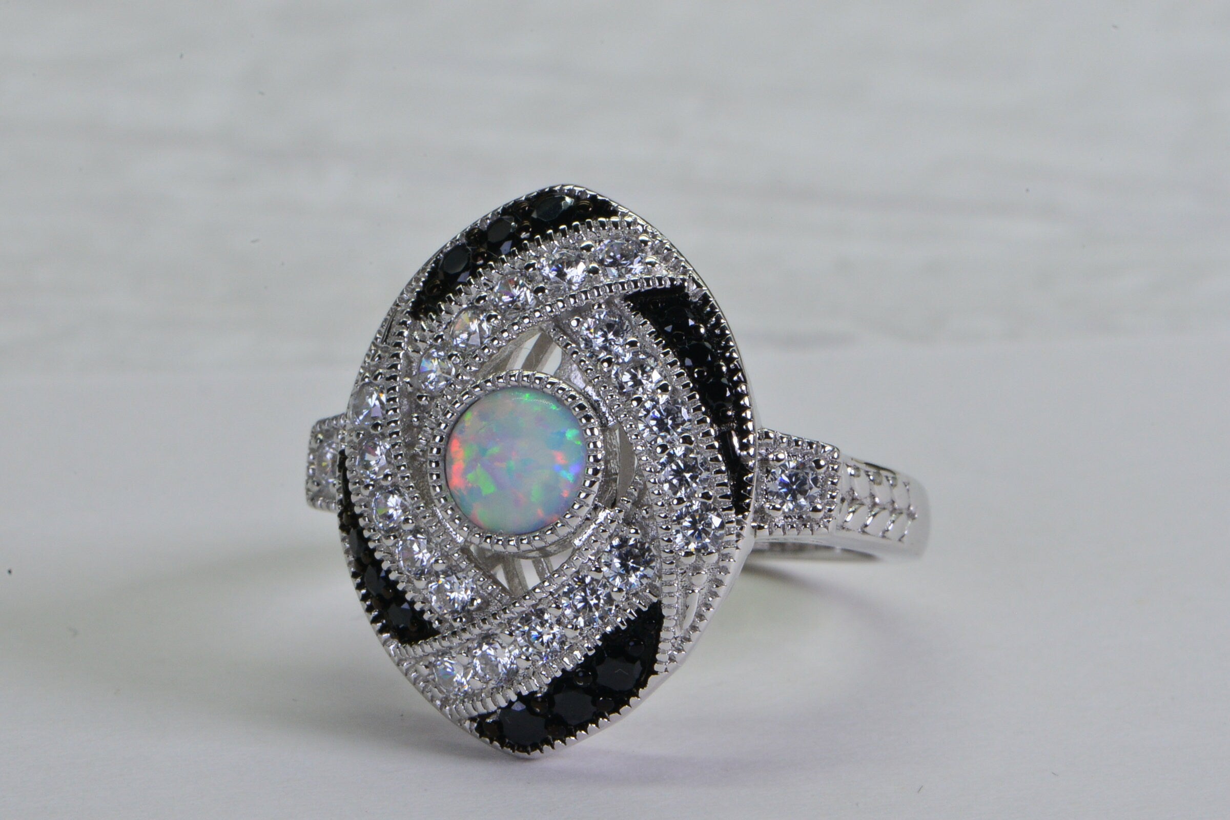 Sterling Silver Lab Opal Ring: Black & White Simulated Diamond Statement Ring