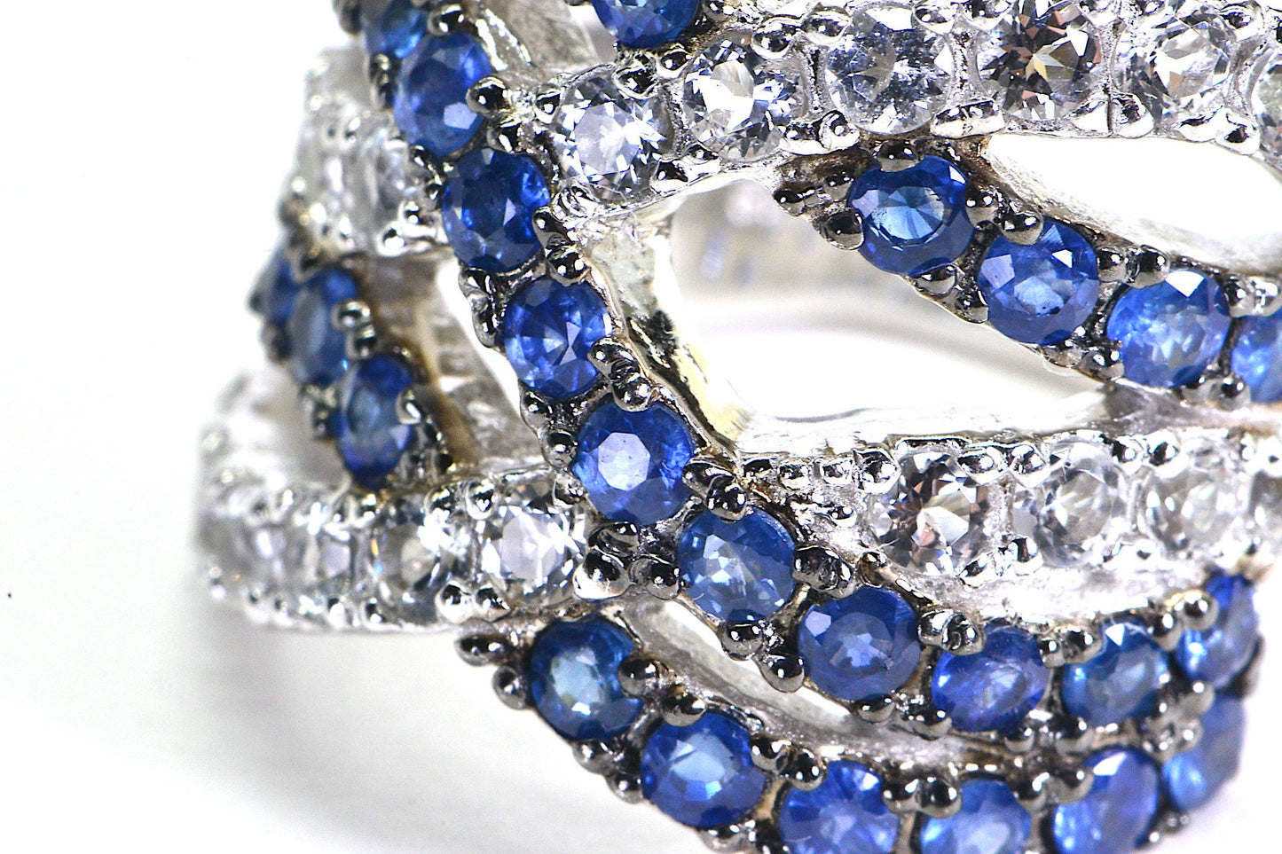 Sapphire Crossover Ring: Sterling Silver Wide Band with White Topaz