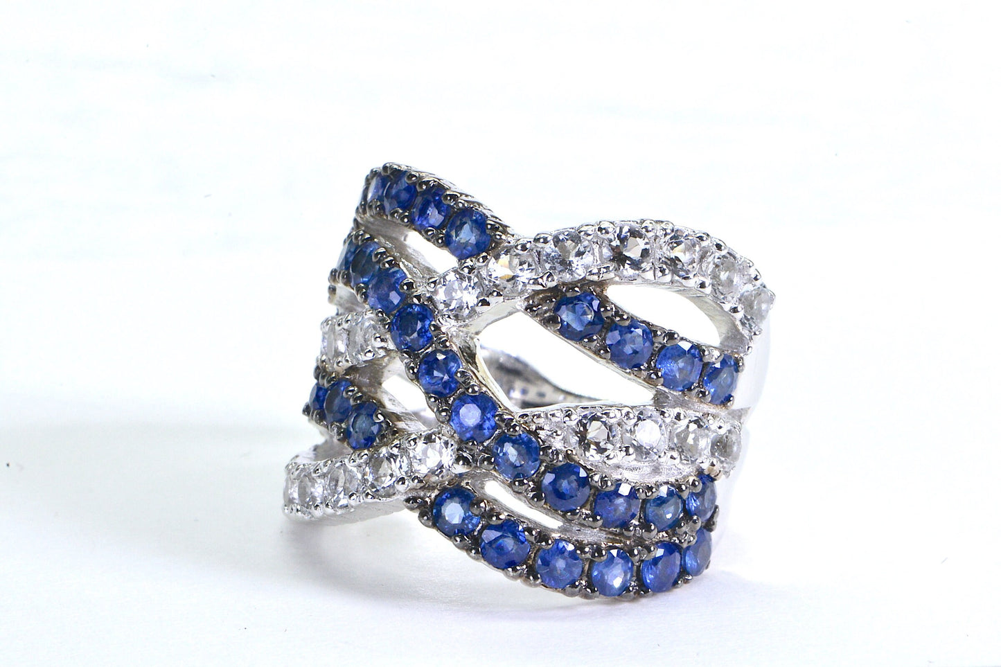 Sapphire Crossover Ring: Sterling Silver Wide Band with White Topaz